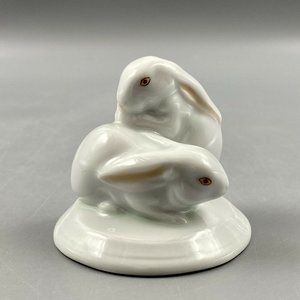 Herend Hungary Pair Of  White Rabbits Porcelain Figurine Hand Painted 5333